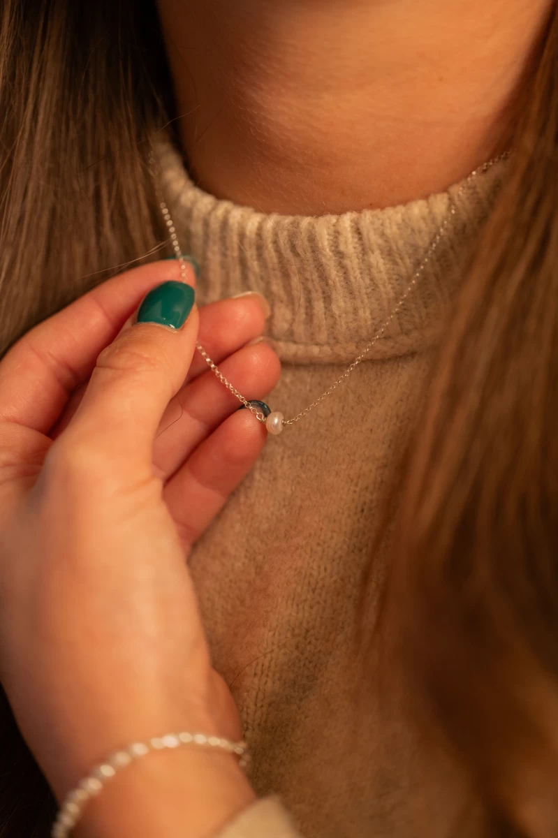 Fehér Édesvízi Gyöngy Ezüst 925 Golyó Fonal Nyaklánc